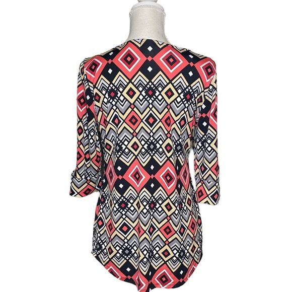 Cocomo Black, White, Coral & Khaki Geometric Patterned Tunic w/ Rolled Sleeves S - Picture 4 of 5
